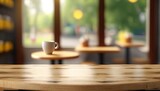 Wooden top table with bokeh light effect in morning fun and blur restaurant on background, blur background , by ai generative