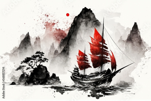 Junk boat with red sails and mountains in water on white background. Traditional ink painting style gohua, sumi-e, u-sin, generative ai photo