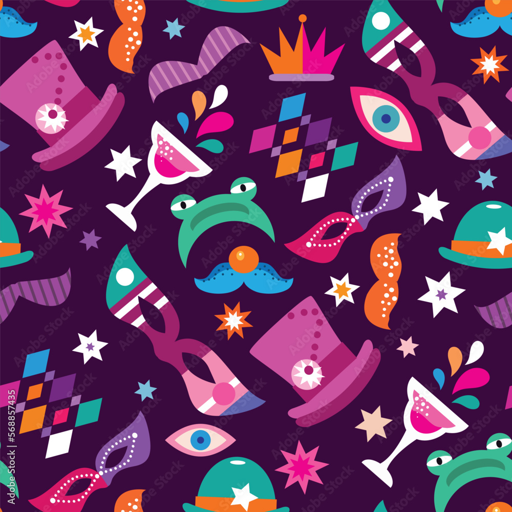 Purim - holiday  jewish carnival  seamless pattern   Carnival mask, Hamantashen, confetti, clown, garland, hat, firework,  Purim Jewish festival concept  Vector festive illustration
