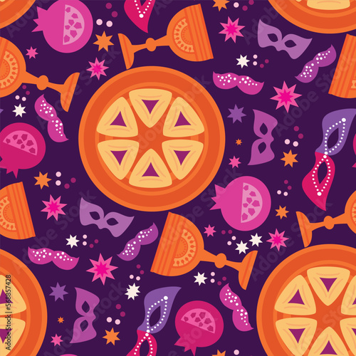 Purim - holiday  jewish carnival  seamless pattern   Carnival mask, Hamantashen, confetti, clown, garland, hat, firework,  Purim Jewish festival concept  Vector festive illustration
