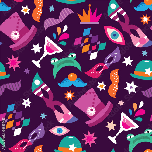 Purim - holiday  jewish carnival  seamless pattern   Carnival mask, Hamantashen, confetti, clown, garland, hat, firework,  Purim Jewish festival concept  Vector festive illustration
