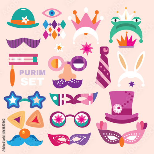 Purim - holiday jewish carnival seamless pattern Carnival mask, Hamantashen, confetti, clown, garland, hat, firework, Purim Jewish festival concept Vector festive illustration 