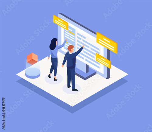 Two young business people Plan to work and create target isometric vector