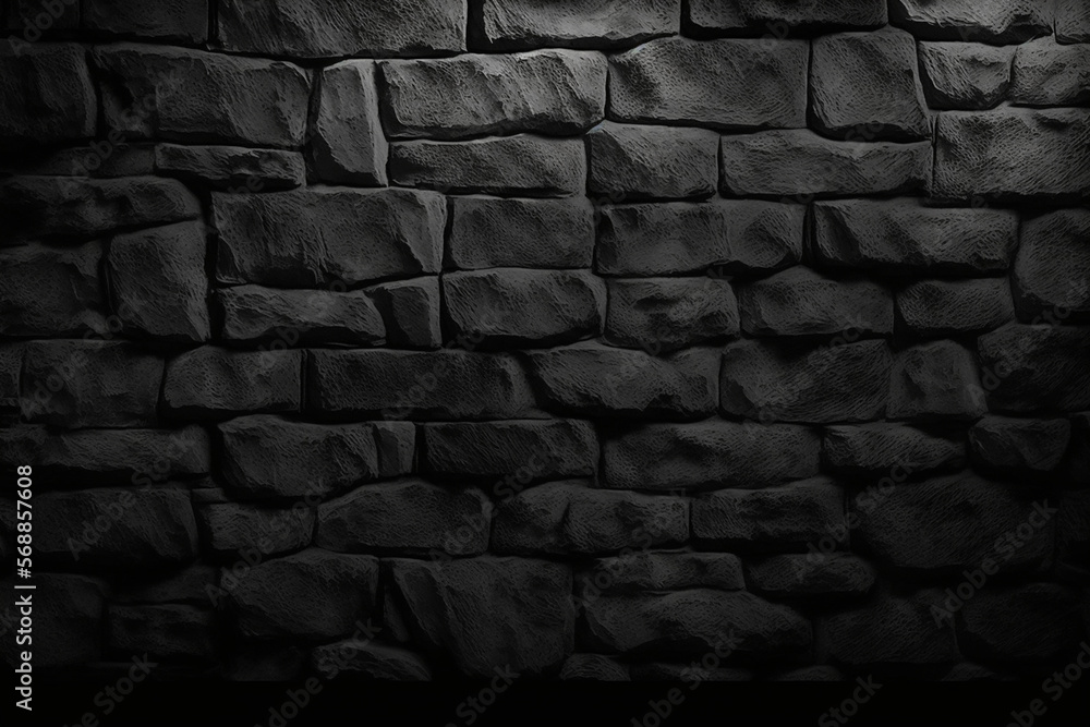 Black brick wall with light falling from above background  dark grunge textured concrete stone Generative ai.