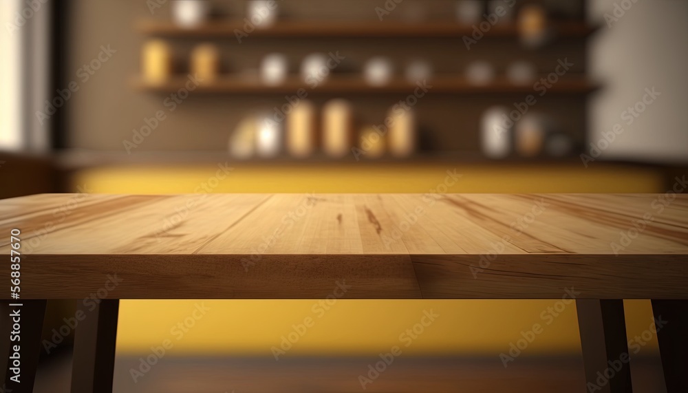 Wooden top table with bokeh light effect and blur restaurant on background, blur background good for photo product display, by ai generative