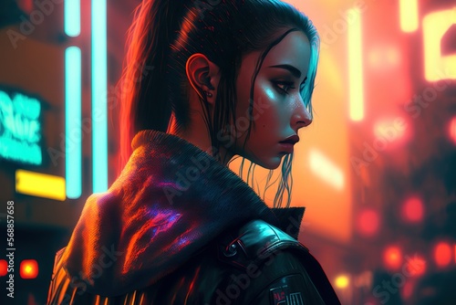 A beautiful girl with dark hair in a futuristic tokyo style city with neon lights at night, generative ai
