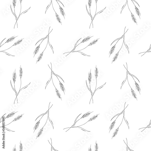 Cute seamless repeating pattern with ears of wheat on a white background. Floral ornament with an ear of wheat. Hand drawn. Delicate pattern, minimalist style, sketch