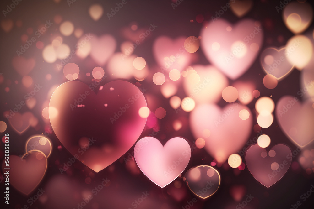 Pastel blurred heart bokeh defocus light filtered background, Valentine's Day card texture.Generative ai.