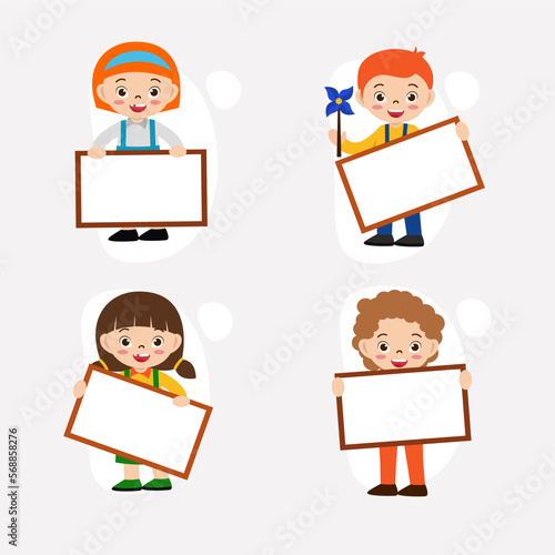 Set of people holding blank board in cartoon character flat vector
