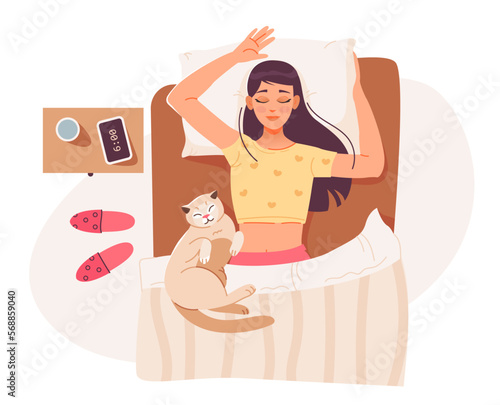 Woman sleep. A young woman is sleeping in bed with a cat. Relax in the bedroom. Flat vector illustration.