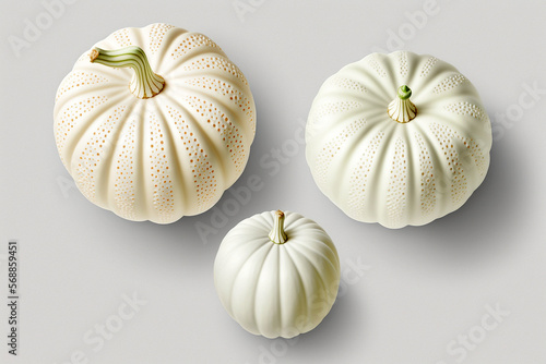 Three white pumpkins squash on a white background. Generative AI