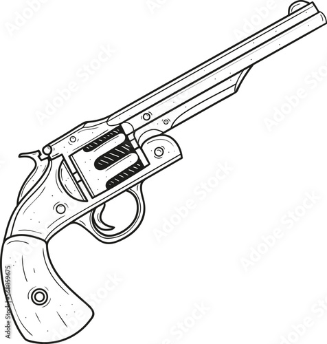 Revolver pistol. Hand drawn vector illustration. Pistol sketch. Vintage illustration. engraved style.
