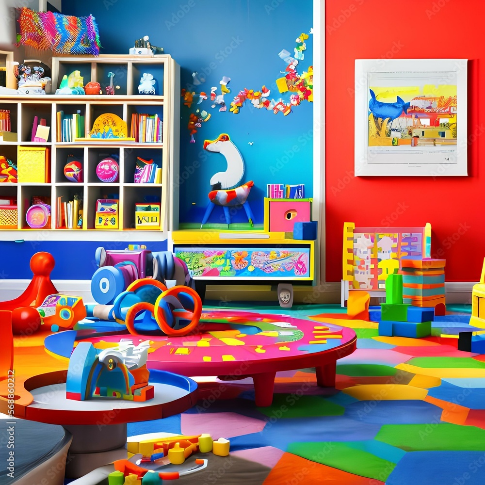 A bright and colorful kid_s playroom with a collection of fun toys and games, Generative AI A bright and colorful kid_s playroom with a collection of fun toys and games, Generative AI