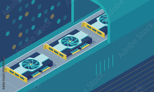 Video graphics cards production, mining, isometric vector illustration
