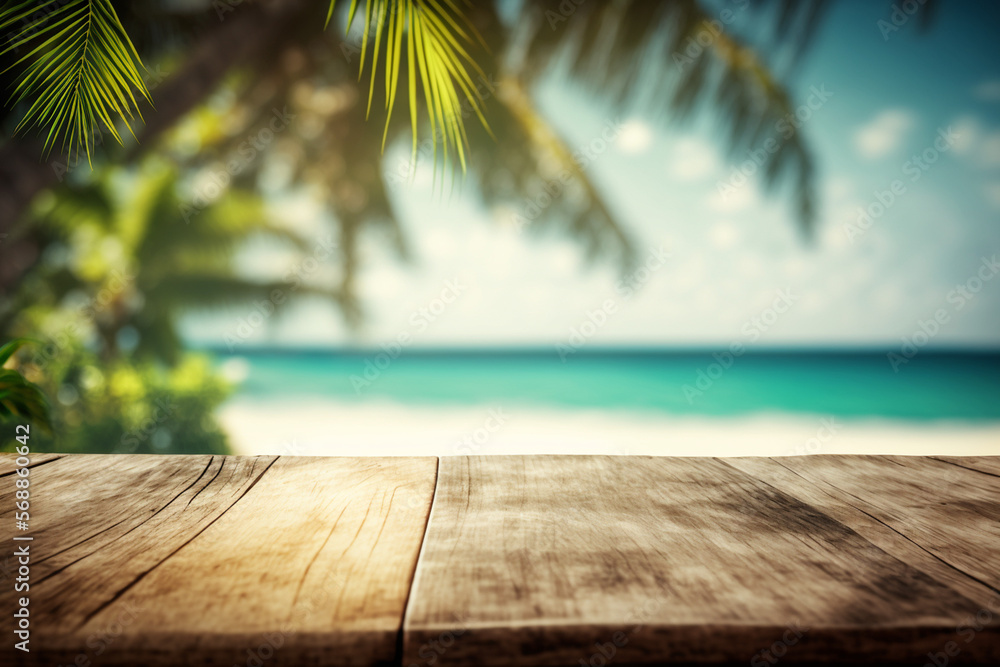 beach sea with palm leaves, paradise seascape. Summer Vacation Travel background with copy space. Generative AI.
