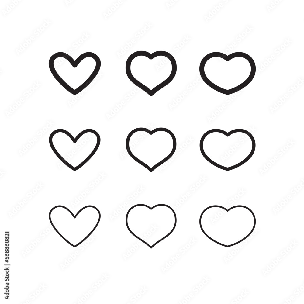 Heart shape icons. Hearts pictogram set. Symbol for valentine's day love.