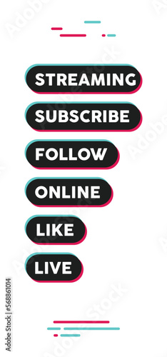 Social media call to action buttons. Streaming live online, follow, like and subscribe. Click here.