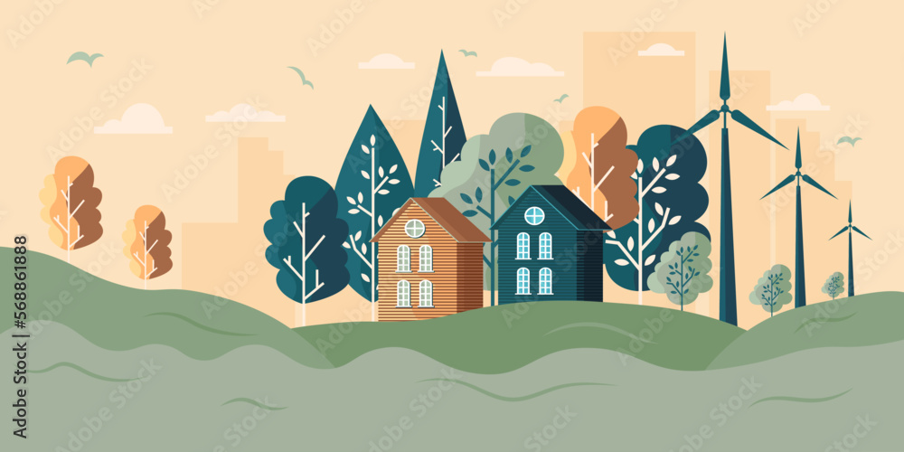 save energy the world development. environmental and ecology concept. vector illustration banner flat design. green city in landscape 