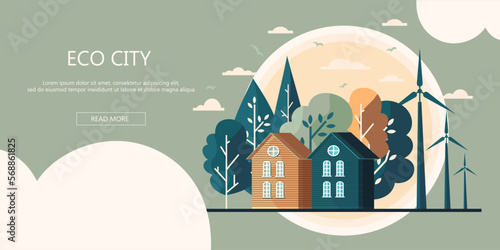 save energy the world development. environmental and ecology concept. vector illustration banner flat design. green city in landscape background. copy space for text input.