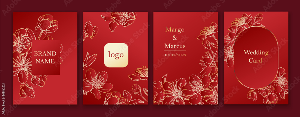 Set of spring backgrouds with sakura flowers. Cherry blossoms. Design for card, wedding invitation, cover, packaging, cosmetics. Red and golden colors. Set of spring backgrouds with sakura flowers. Cherry blossoms. Design for card, wedding invitation, cover, packaging, cosmetics. Red and golden colors.