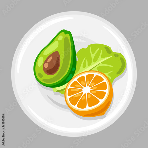 Illustration of plate with food. Healthy eating and diet meal. Fruits, vegetables and proteins for proper nutrition.