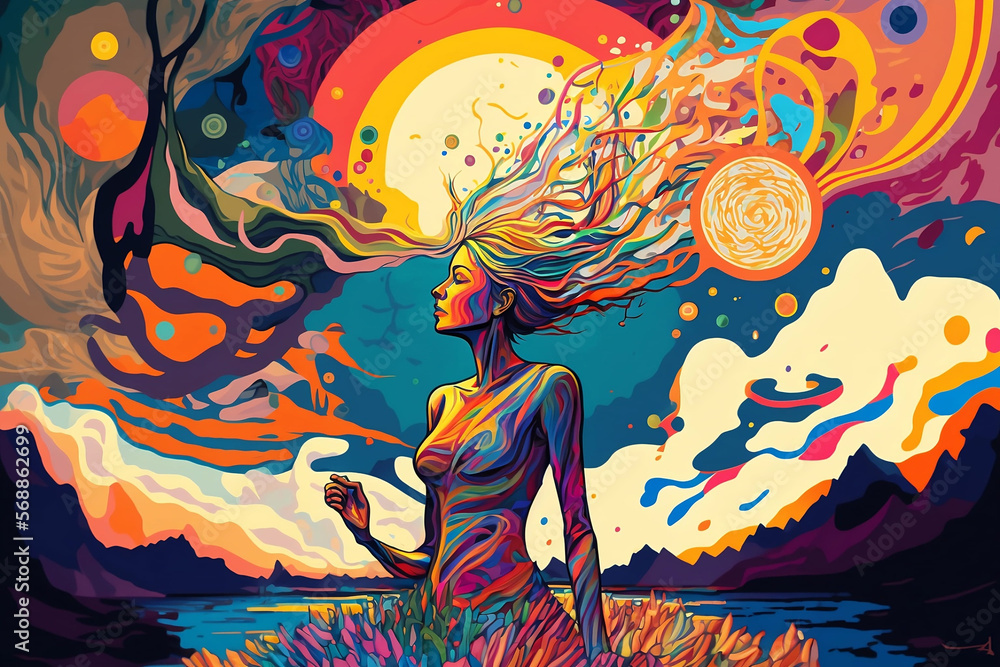 A colorful illustration lady art at the beach. Colorful art. Painting art. Digital art. Generative AI A colorful illustration lady art at the beach. Colorful art. Painting art. Digital art. Generative AI