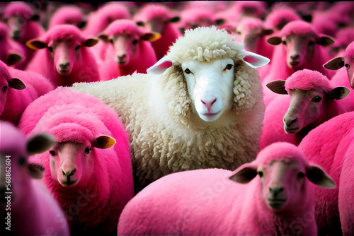 Flock of pink sheep and a w...