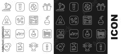 Set line Pipette, Periodic table, Plant breeding, Salt stone, Medicine pill or tablet, Triangle warning toxic, Microscope and Chemical online icon. Vector