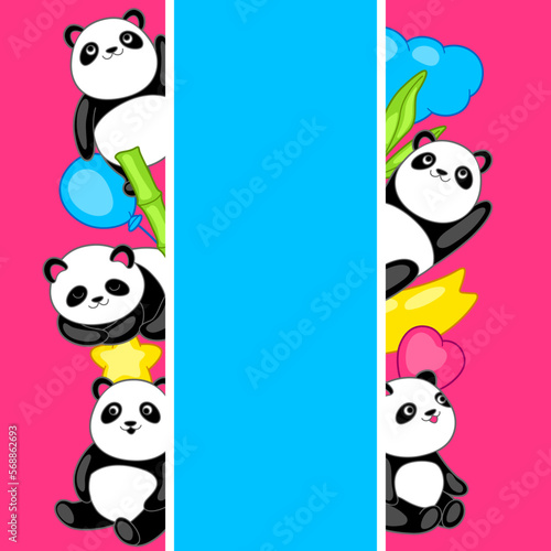 Fototapeta Naklejka Na Ścianę i Meble -  Background with cute kawaii little pandas. Funny characters and decorations in cartoon style.