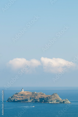 The Giraglia island in front of Barcaggio village. Corsica, France