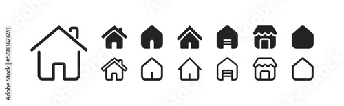 House set of linear icons. Buttons, pointers, home page, home screen, navigation, operating system, icon theme, various variations. controls concept. Set of black linear icons on a white background