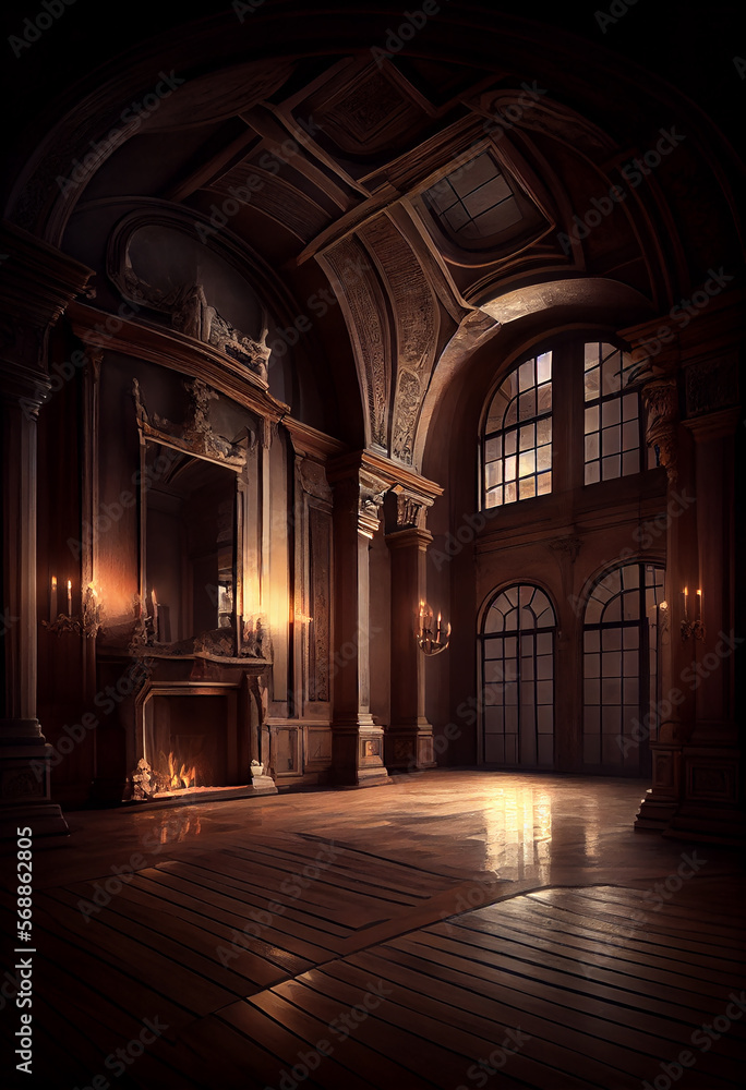 Ancient luxurious venetian ballroom with vaulted ceiling and beautiful windows, generative AI