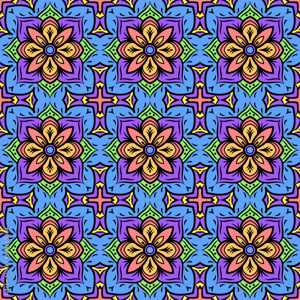 mandala seamless pattern, vector colorful background, backdrop.
