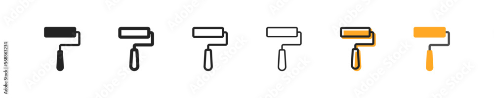 Roller set of six icons in different styles. Construction, repair, paint, paint, walls, idea, design, specialist services, interior, artist. Tools concept. Set of vector icons on a white background. Roller set of six icons in different styles. Construction, repair, paint, paint, walls, idea, design, specialist services, interior, artist. Tools concept. Set of vector icons on a white background.