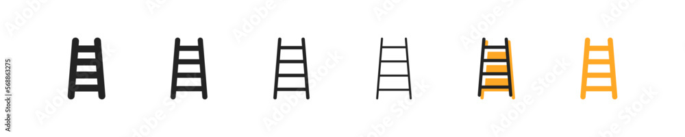 Staircase set of six icons in different styles. Height, ladder, rise, reach heights, career ladder, success, repair, construction. Tools concept. Set of vector images on a white background. Staircase set of six icons in different styles. Height, ladder, rise, reach heights, career ladder, success, repair, construction. Tools concept. Set of vector images on a white background.