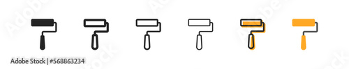 Roller set of six icons in different styles. Construction, repair, paint, paint, walls, idea, design, specialist services, interior, artist. Tools concept. Set of vector icons on a white background.