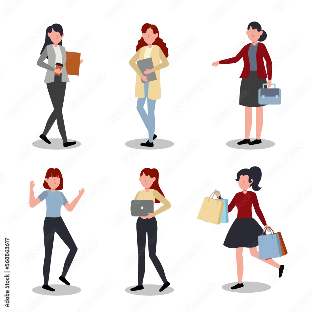 Set of woman in cartoon characters with different gesture flat vector Set of woman in cartoon characters with different gesture flat vector