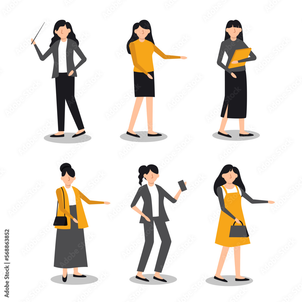 Set of woman in cartoon characters with different gesture flat vector Set of woman in cartoon characters with different gesture flat vector