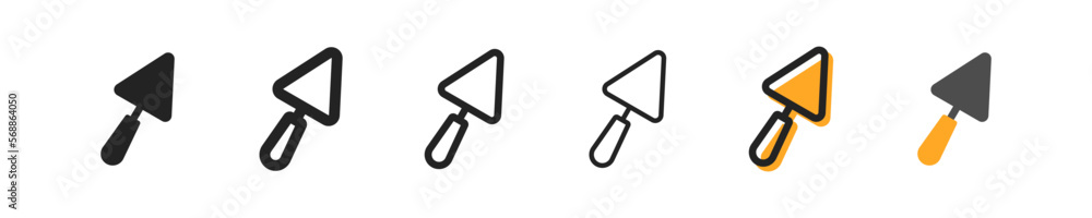 trowel set of six icons in different styles. Repair, construction, cement, masonry, walls, foundation, work, builder, repair, wall leveling, trowel, cement. Tools concept. Set of vector icons isolated trowel set of six icons in different styles. Repair, construction, cement, masonry, walls, foundation, work, builder, repair, wall leveling, trowel, cement. Tools concept. Set of vector icons isolated