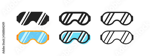 Safety glasses set of six icons in different styles. Eye protection, vision, technical rules,safety,responsibility, equipment, quality. Security concept. Set of vector icons.