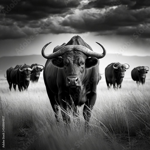 A herd of African buffalo grazing in a grassy savannah.