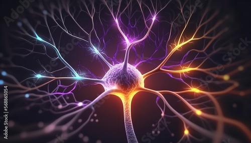 Synapse and neuron illustration on a neon dark blue backdrop. Generative Ai.