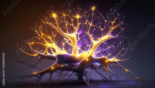 Synapse and neuron illustration on a neon dark blue backdrop. Generative Ai.