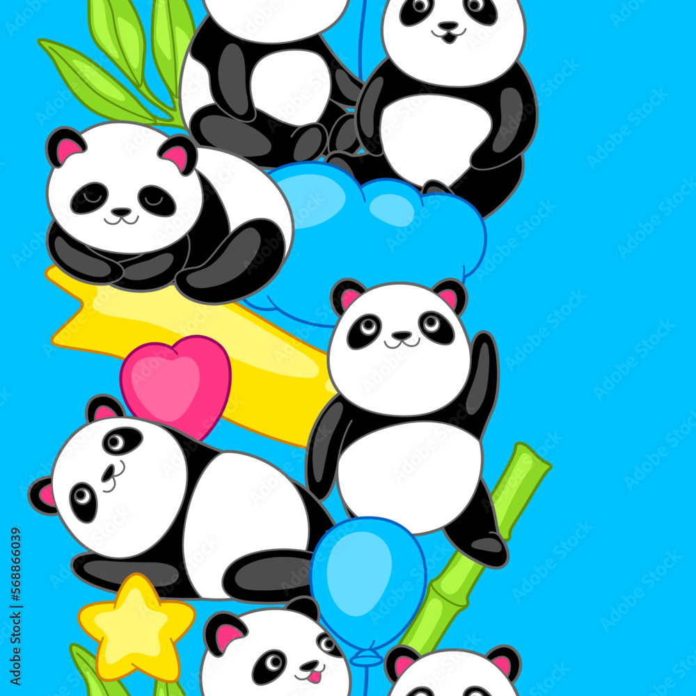 Naklejka premium Seamless pattern with cute kawaii little pandas. Funny characters and decorations in cartoon style.