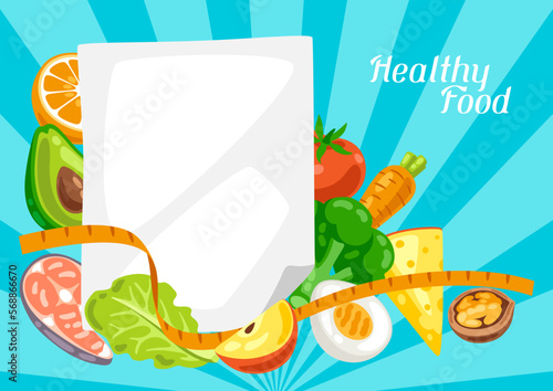 Illustration of dieting plan with food. Healthy eating and diet meal. Fruits, vegetables and proteins for proper nutrition.