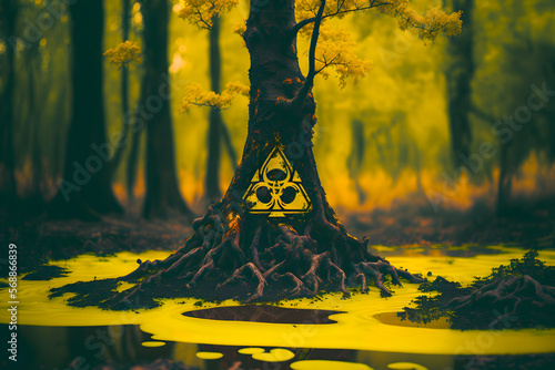 Chemical liquid emissions waste of yellow color among the trees in the forest wood spilled in the river and swamp of the forest. Biohazard sign on trunk. Generative AI technology.
