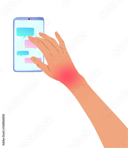 Vector illustration of hand with carpal tunnel syndrome using smartphone