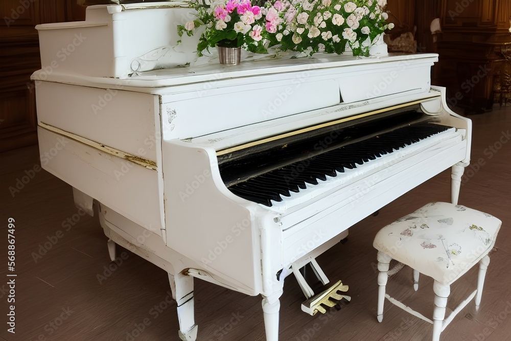 Elegant old white piano with broken keys decorated with flowers. Classic interior - generative ai Elegant old white piano with broken keys decorated with flowers. Classic interior - generative ai