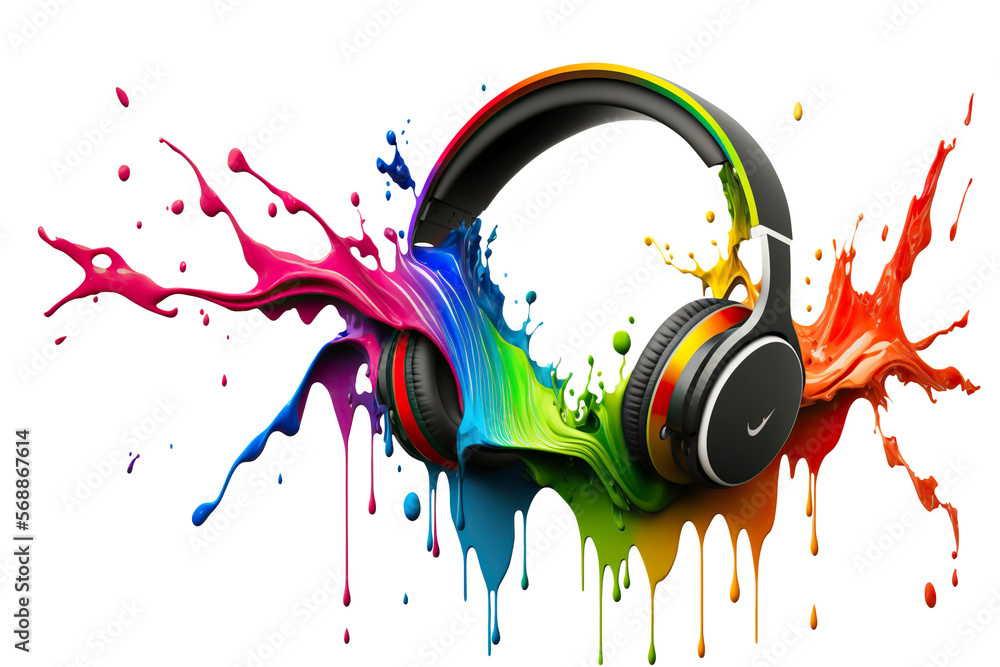 Headphones with rainbow splash. Conceptual illustration for music