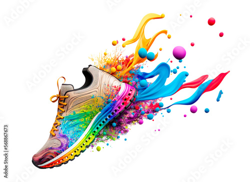 Sport shoes with color paint splash. Conceptual illustration for marathon or jogging or run festival. Isolated design element on the transparent background. Generative AI.